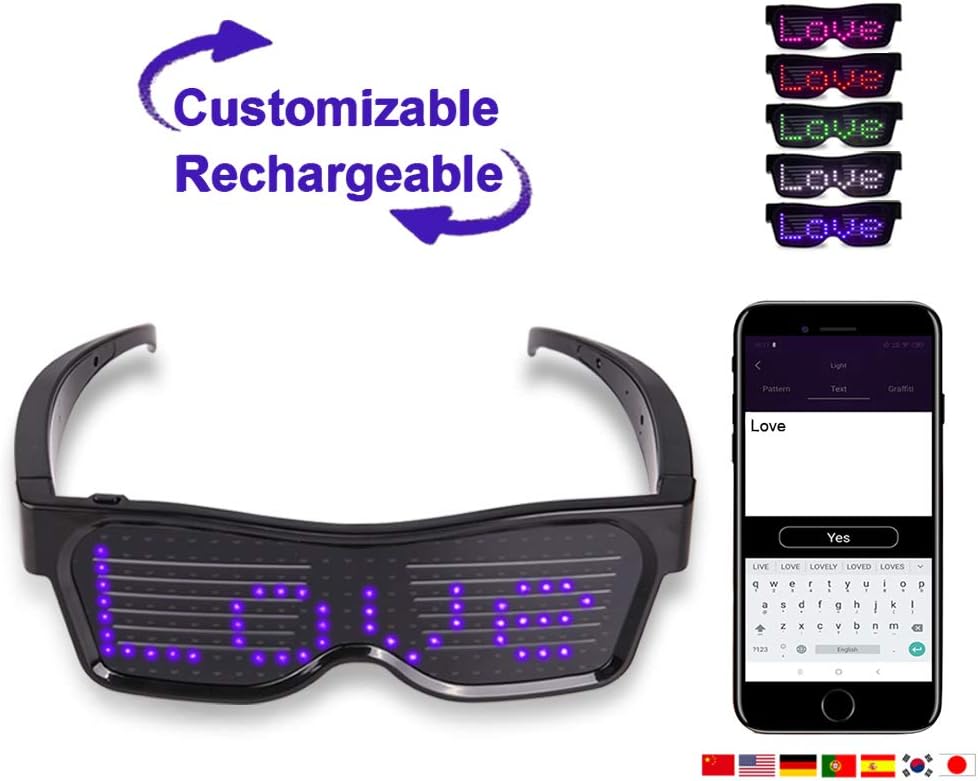 Customizable Bluetooth LED Light up Glasses, USB Rechargeable with Wireless Flashing LED Display, Glow Eyeglasses for Festivals Raves Parties - Display Messages Animation Drawings (Blue)