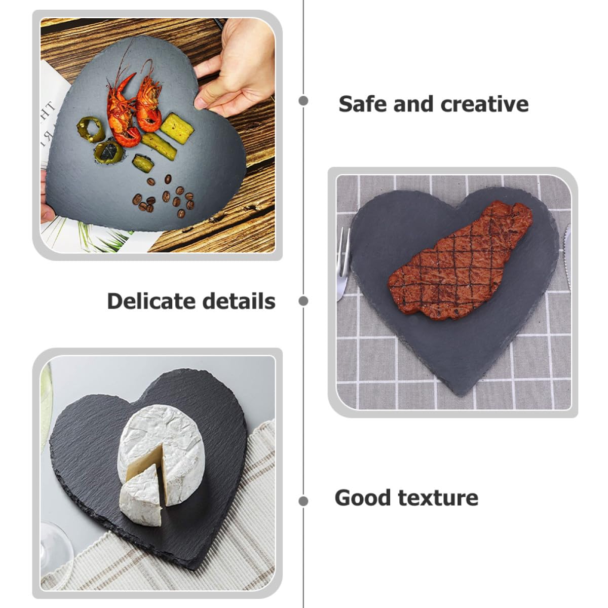 Set 3 Piatti da Dessert Piastra Multiuso per Conservazione Cibo in Ardesia Nero a Forma di Cuore per Casa