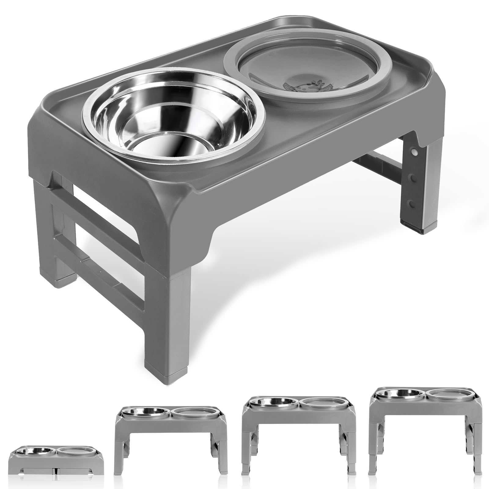 Elevated Dog Bowls, Raised Bowl Stand with No Spill Slow Water Feeder & Stainless Steel Food Dish, Feeding Station with 4 Adjustable Heights for Small