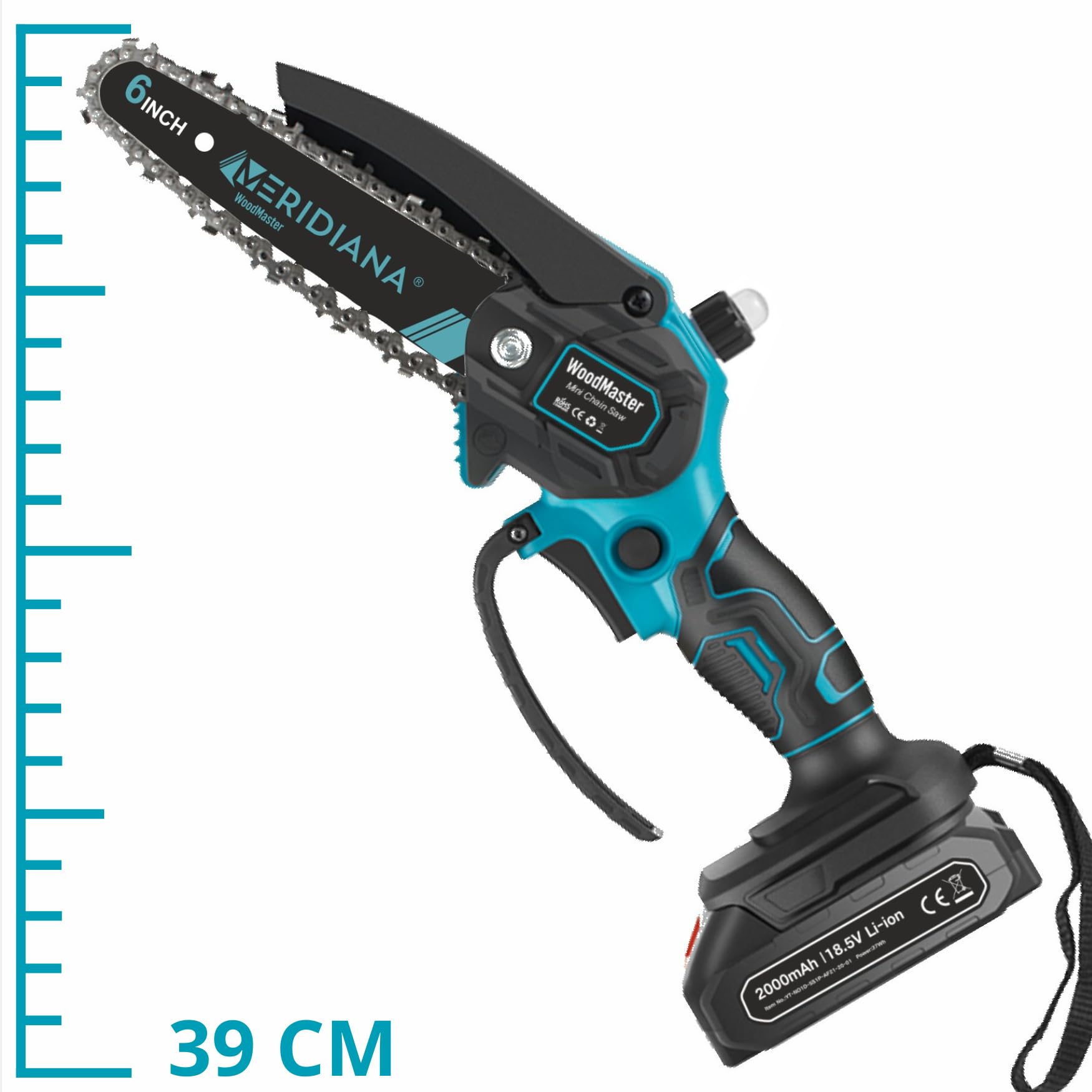 Meridiana Mini Motosega a Batteria senza fili per Potatura - 6 Pollici Motosega Elettrica Motore 21V con Oliatore Integrato, 2 Batterie 2000mAh, 2 Barre, 2 Catene e Cacciavite in Valigetta Rigida