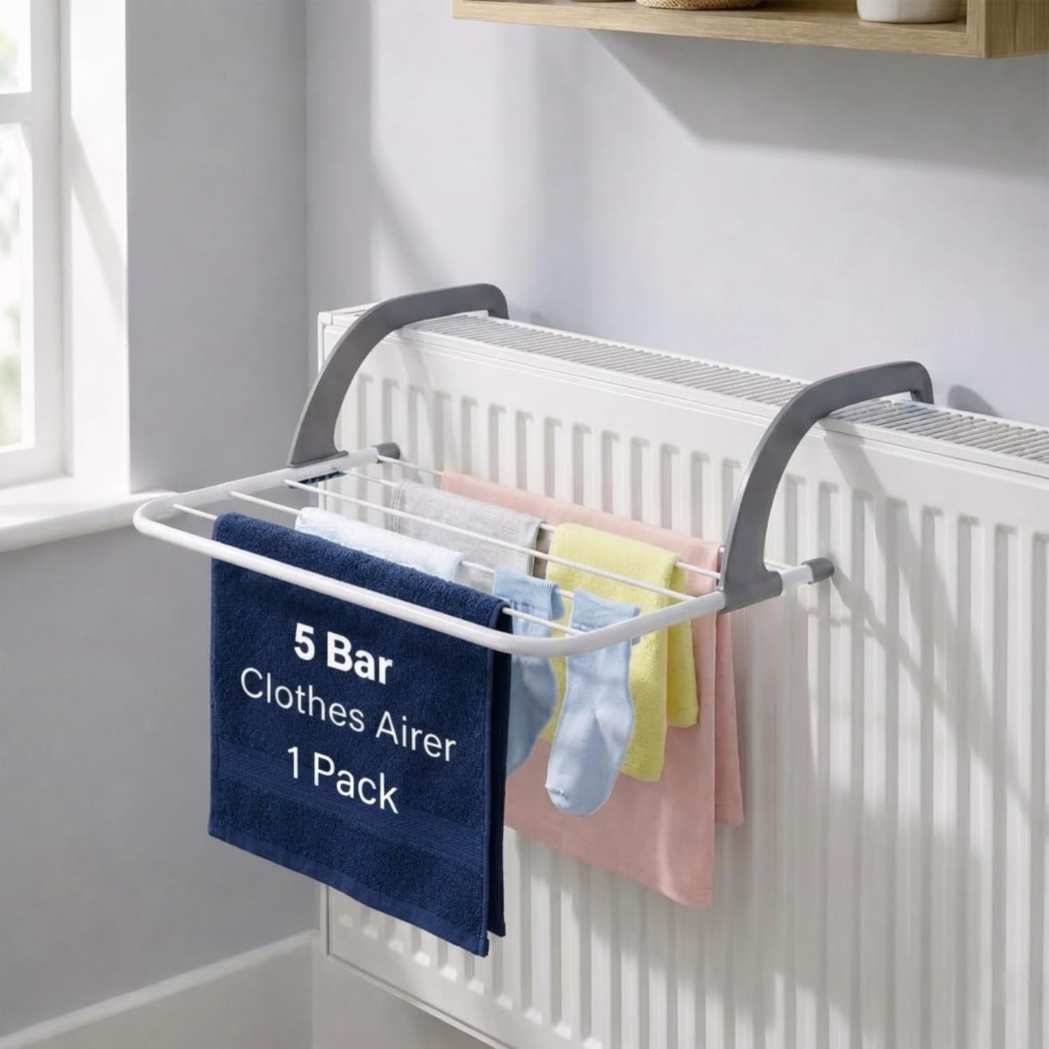 HomlyPro Pack of 1 Radiator Clothes Airer 5 Bar Folding Drying Rack with Adjustable Arms, Space Saving Steel Laundry Dryer for Towels & Garments, Over Door Bath Towel Rail Indoor Hanging Solution