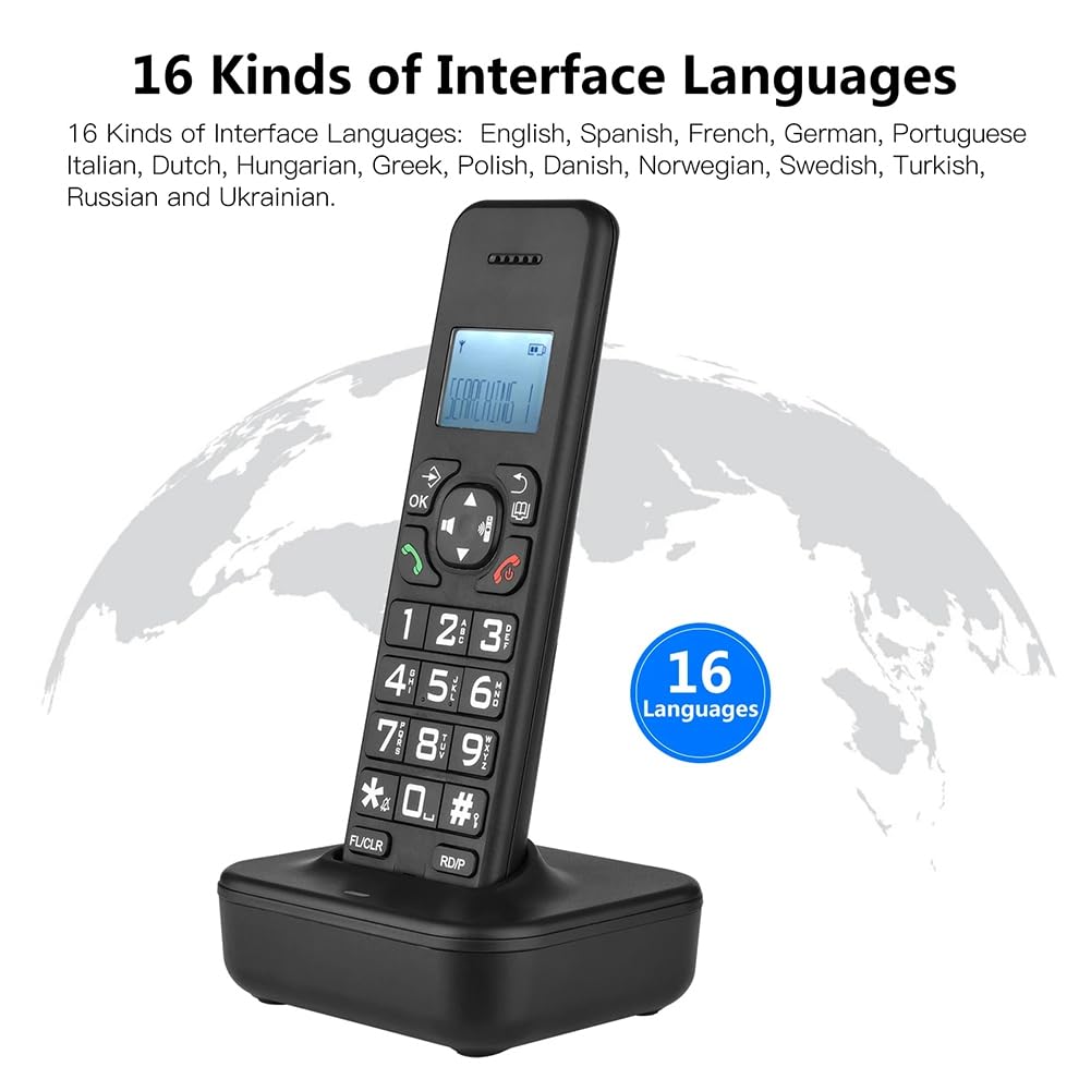D1102B Telefono Cordless con Segreteria Telefonica ID Chiamante/Chiamata in Attesa Schermo LCD Retroilluminato da 1,6 Pollici A 3 Righe Nero Spina UE