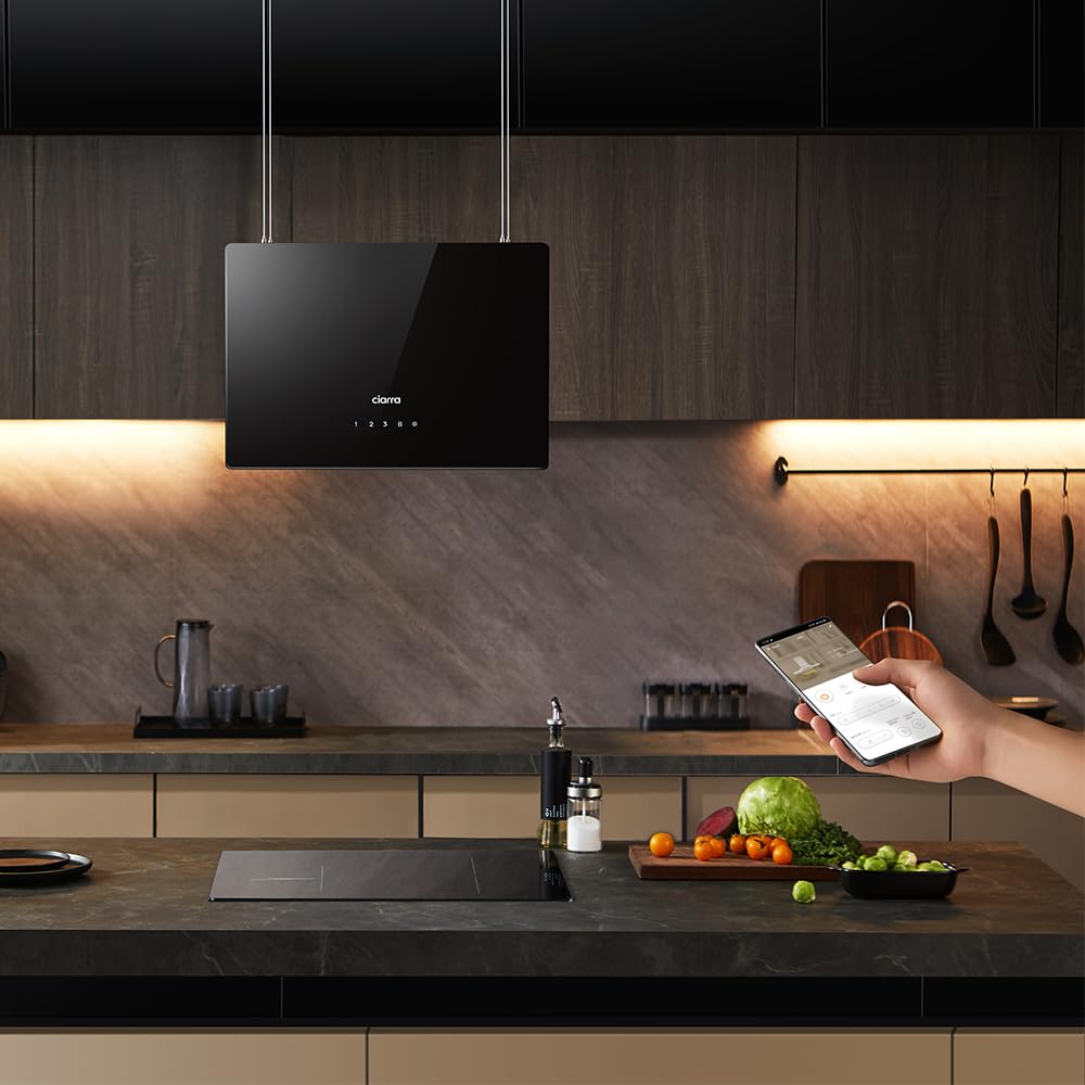 Ciarra Hotte îlot Centrale A+++ 700m ³/ h 48cm - Hotte Aspirante 4 Vitesses - WiFi&APP - Filtre à Charbon Inclus - 2 Niveaux de Luminosité LED - Hotte Suspendue Recyclage - CBCB4850