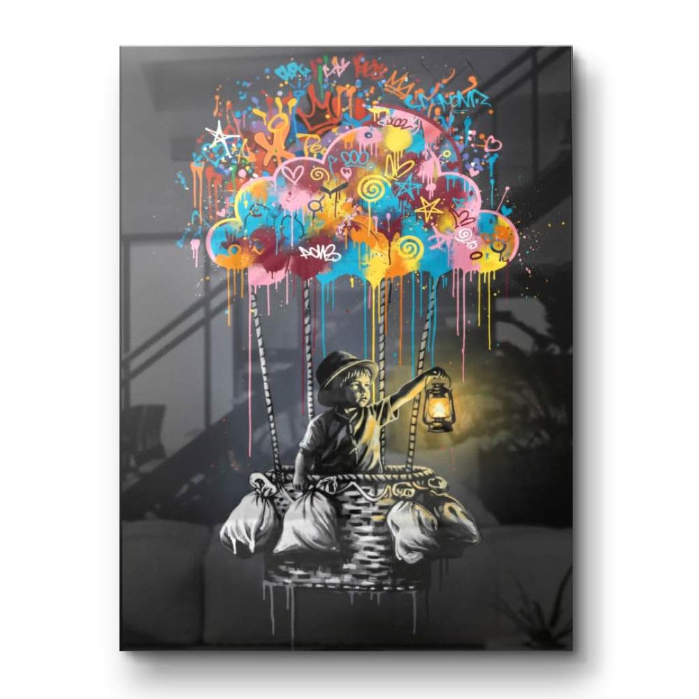 CANVEO Banksy Bilder Leinwand | Graffiti Poster Banksy Leinwand | Bild Wohnzimmer groß | Bild Schlafzimmer über Bett | Wandbilder modern mit Rahmen | xxl Bilder Flur Wanddeko