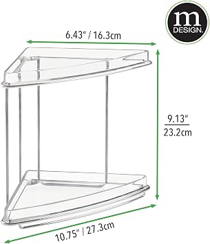 mDesign Steel/Plastic Freestanding Countertop Corner Shelf Organizer with 2-Tier Storage for Bathroom, Vanity, Cabinet, Counter - Holds Makeup, Bath Gel - Prism Collection - Clear