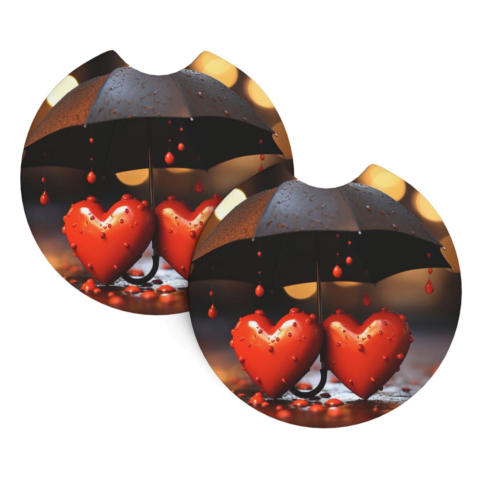 2 Pack Car Coaster for Cup Holders Love Hearts with Umbrella Car Cup Coaster 2.7" Neoprene Non-Slip Automotive Cup Mat Universal Auto Car Interior Accessories for Women Men Cup Pad