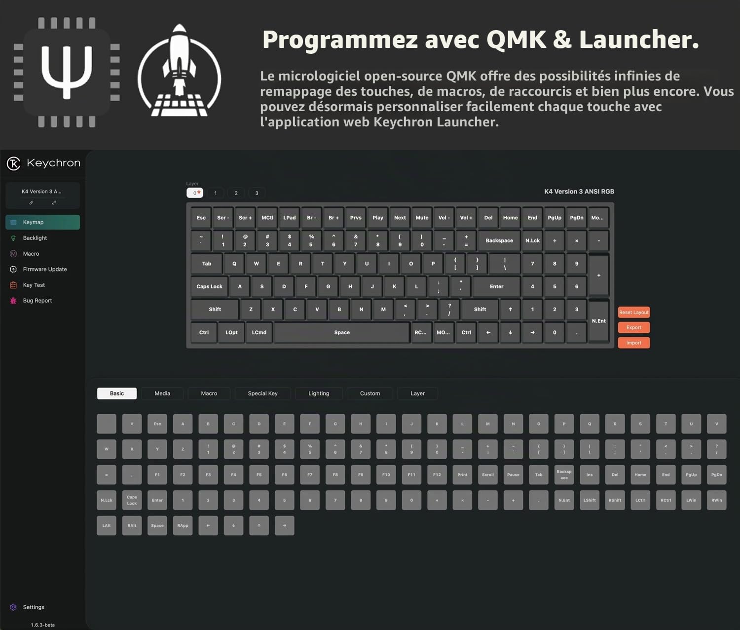 Keychron K4 QMK Clavier Mécanique sans Fil, Disposition 96%, Hot-Swap Commutateurs Banane, Rétroéclairage LED RVB et Rechargeable, Bluetooth 5.2 pour Mac/Windows/Linux, Disposition FR- Version 3