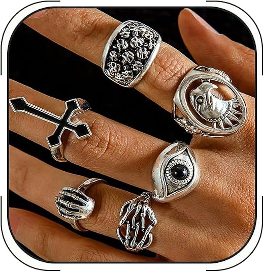 Gothic Vintage Rings Set for Men Silver Chunky Punk Star Snake Stackable Statement Gothic Rings Men Punk Hip Hop Jewelry