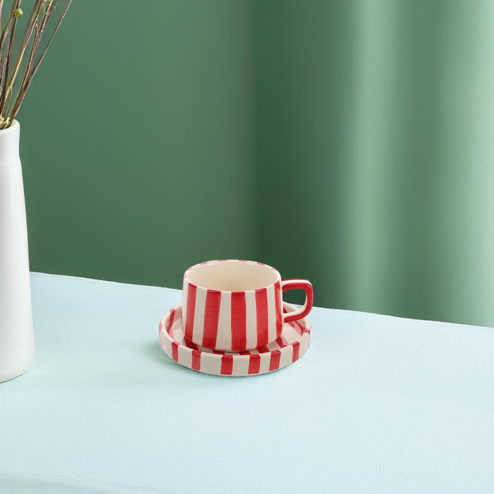 Didiseaon Tasse à Café en Porcelaine Soucoupe, Mug à Cappuccino et Thé, Design Rayures Original pour Collection et Usage Quotidien