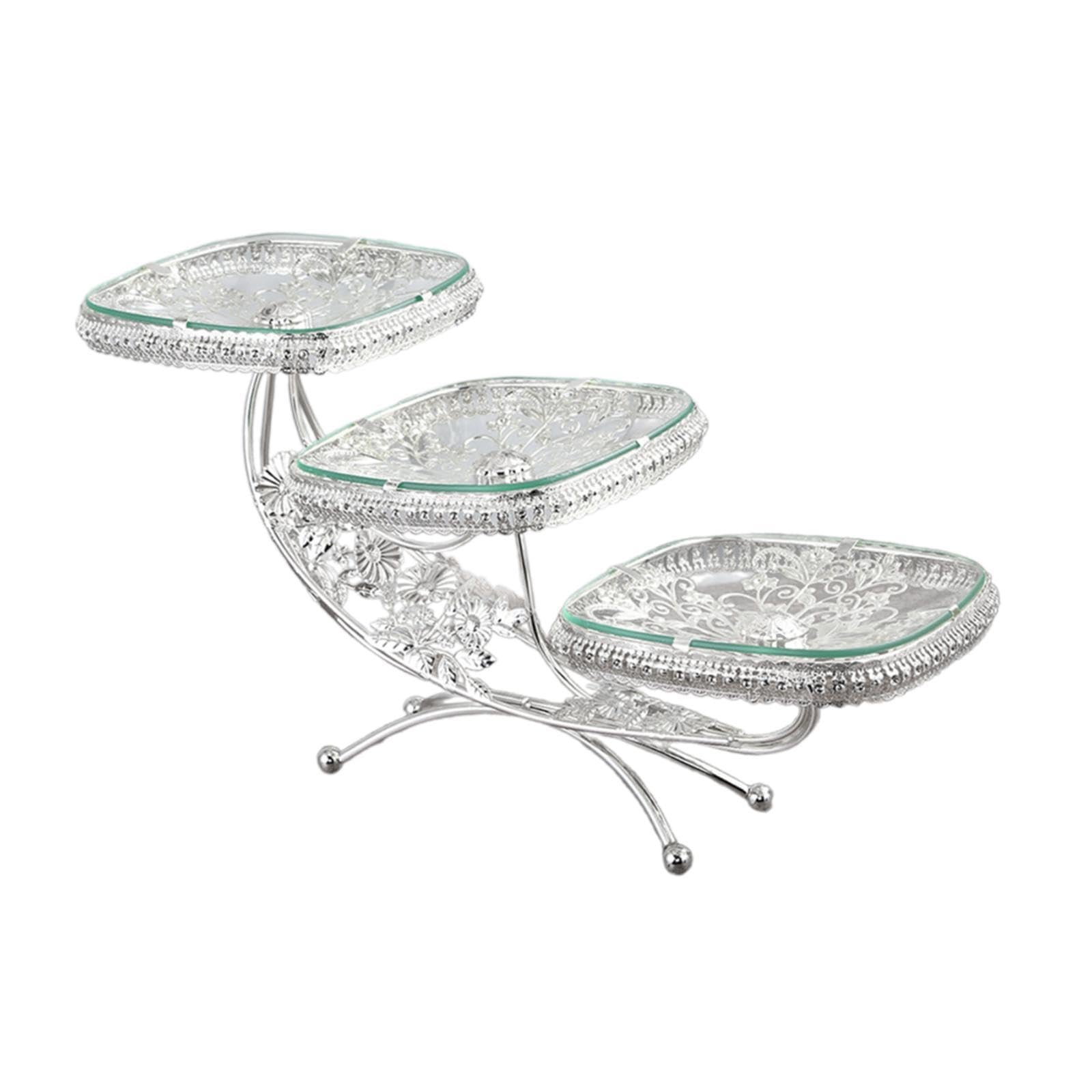 Soporte para Cupcakes de Niveles Bandeja de Postres con Diseño Artístico Estructura Metálica Y Vidrio Resistente Adecuado para Fiestas, Plata, Individual