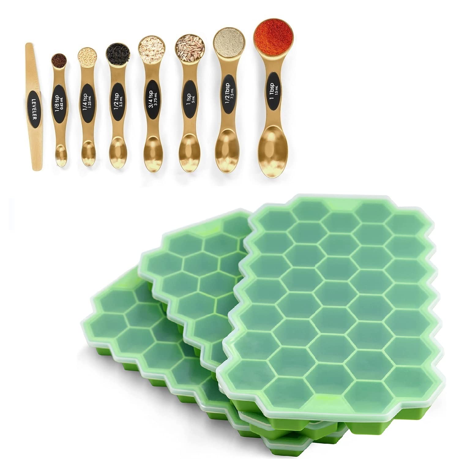 Gold Magnetic Measuring Spoons Set Stainless Steel with Leveler,Ice Cube Trays for Freezer with Lid-Silicone Ice Cube Tray with Lid Ice Maker 3 Packs，Easy-Release Reusable Ice Cube Coffee