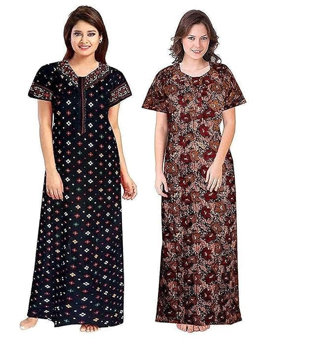 Image of NILOUFO Women's Cotton Printed Maxi Nighty - Pack of 2 | Soft Ankle-Length Sleepwear Gowns for Women | Free Size Night Dresses (Blue,Brown, Free Size)