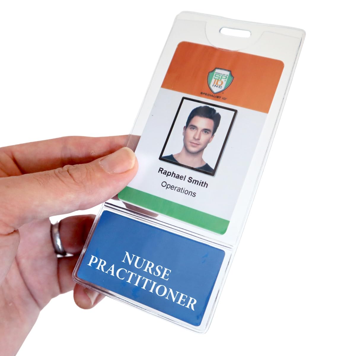 Specialist ID - Confezione da 5 badge verticali per infermiere e porta badge, accessori per infermieri, 2 in 1, con stampa USA su entrambi i lati, colore: blu