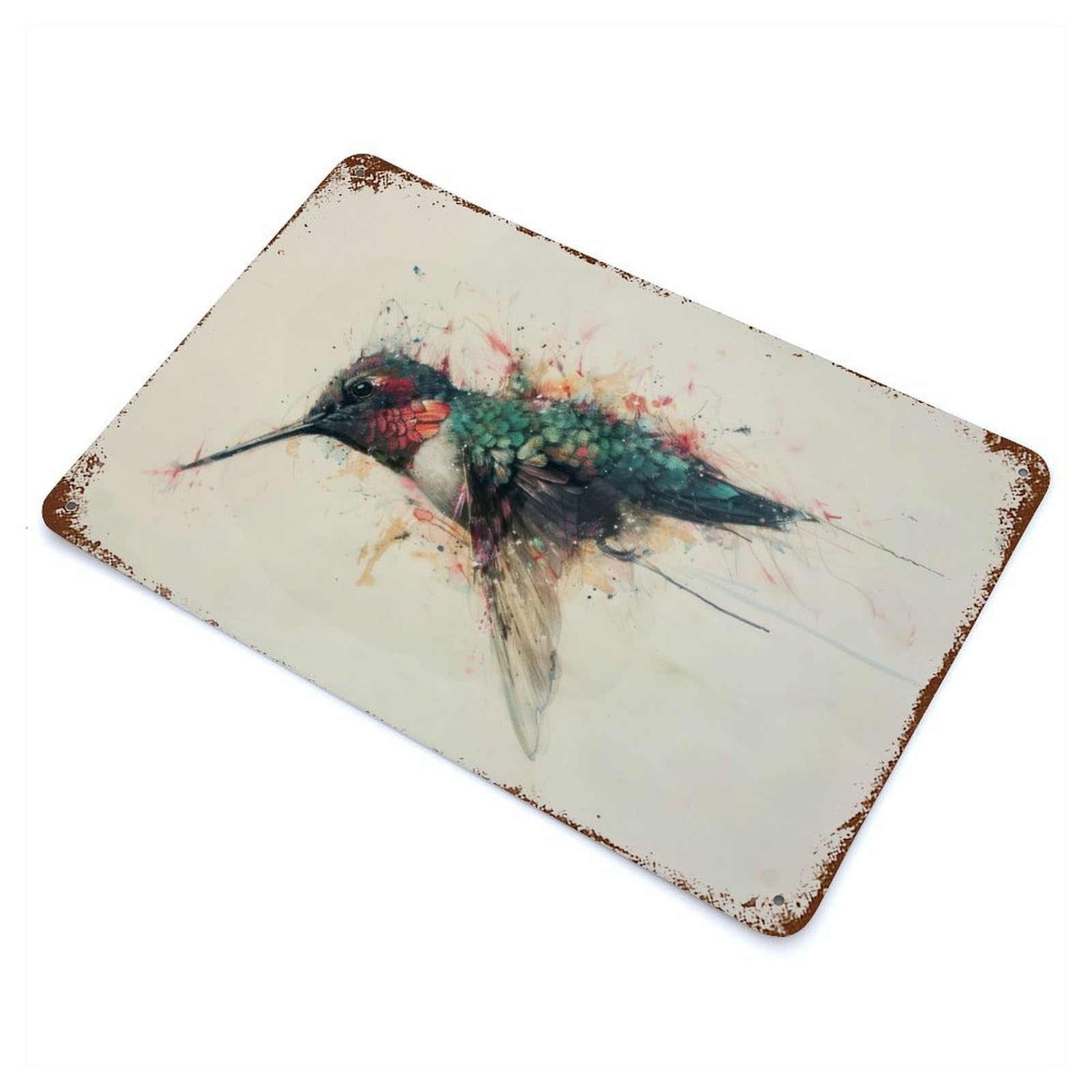 Hummingbird Painting Charm 11.8"x7.9" Aged Metal Wall Plaque, Retro Wall Decor for Farmhouse, Kitchen And Entryway Decor