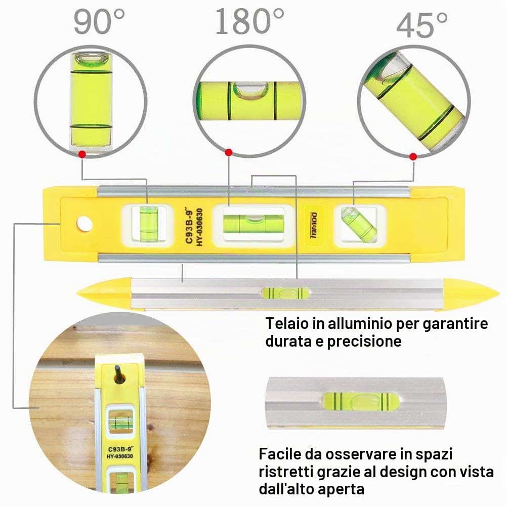 Livello di torpedo magnetico a 9 pollici DOWELL, 3 bolle diverse/45 °/90 °/180 ° Misurazione del livello di torpedo resistente agli urti
