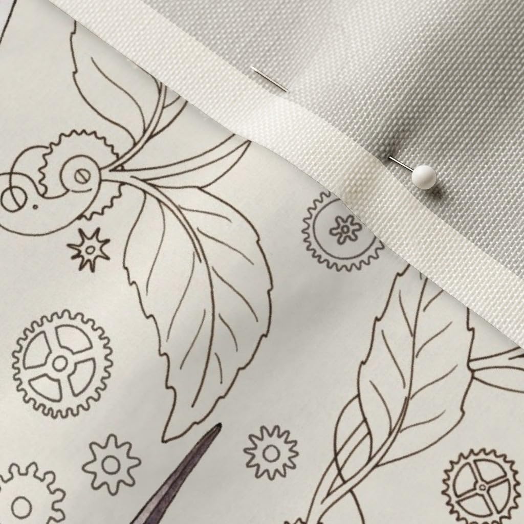Spoonflower Fabric - Steampunk Hummingbird Clockwork Bird Line Drawing Printed on Upholstery Velvet Fabric Fat Quarter - Upholstery Home Decor Bottomweight Apparel