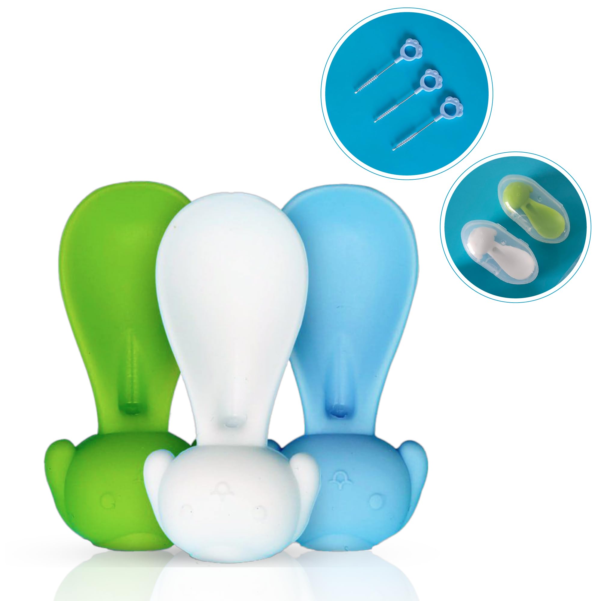 BumpyGumpy Baby Food Pouch Squeeze Spoon, Food Pouch Attachment Topper with Cleaning Brush, 3 Silicone Spoons with Travel Cases, White, Green, Blue, Bumpy001