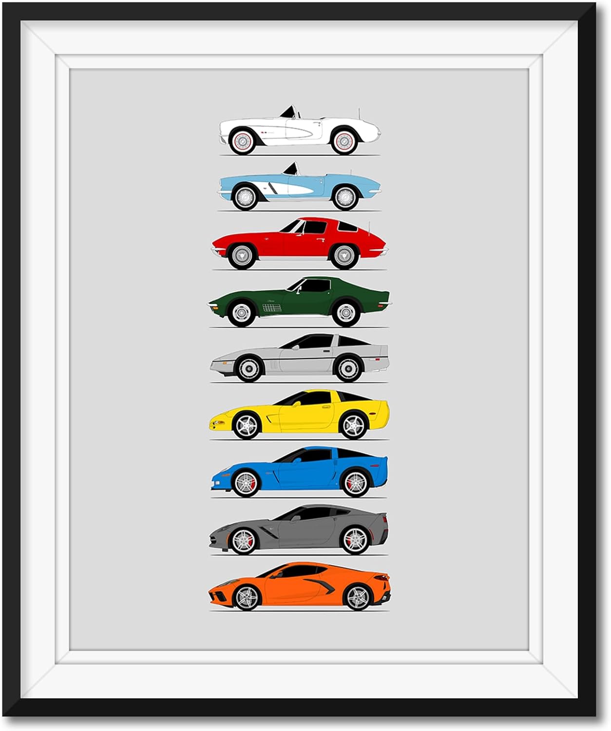 Idea Network Handmade Poster compatible with Chevy Corvette Generations (Side Profile) Print of Chevrolet (C1 C2 C3 C4 C5 C6 C7 C8) - Multi, 8x10 Metallic Print (Unframed) - Gift for Car Enthusiast
