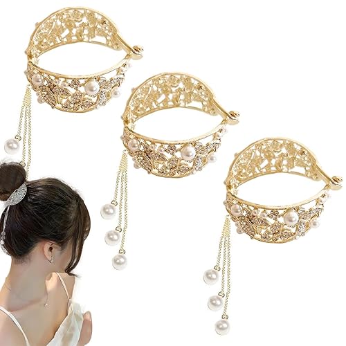 3 pinzas de pelo con perlas de diamantes de imitación, mariposa alta cola de caballo fija, decoración de borla, borla de perlas con diamantes de
