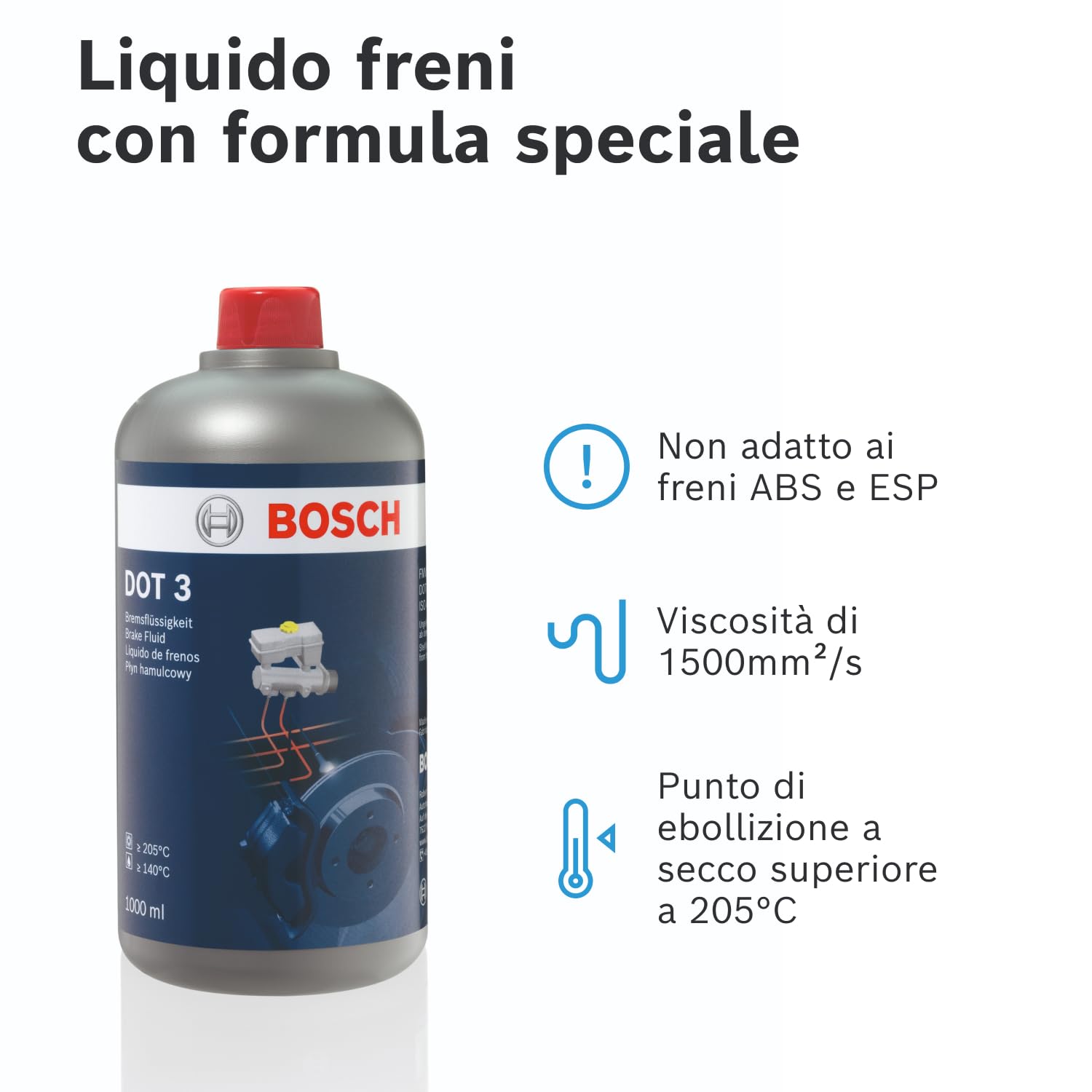Liquido Freni Bosch DOT 3, 1 L – Per veicoli prodotti prima del 2000 – Non raccomandato per freni ABS e ESP