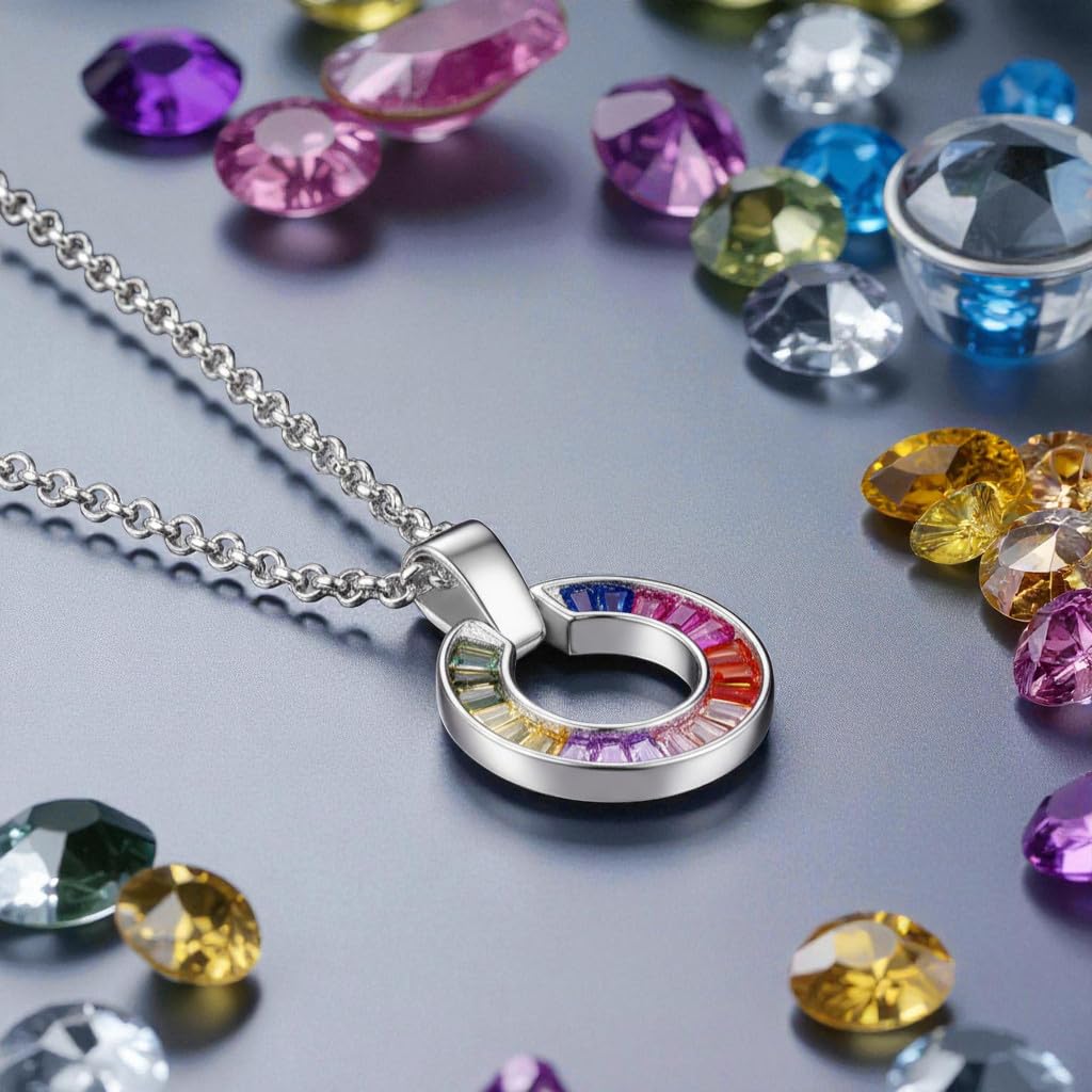 Schöner-SD Kette mit rundem Anhänger 925 Silber Zirkonia mehrfarbig | bunter Kreis-Anhänger, Silberkette rhodiniert - anlaufgeschützt, verstellbar 40 cm + 45 cm