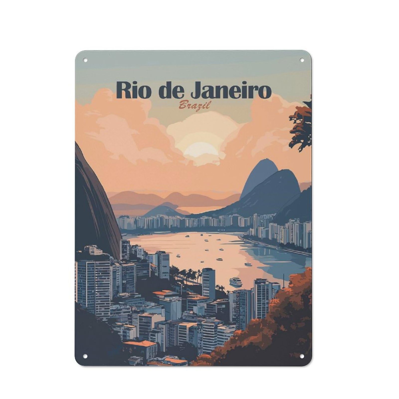 Junmoney Style-19 Rio De Janeiro Cityscape Workshop Style Metal Wall Decor 40X30cm, Garage Metal Sign For Workshop, Basement, Shed Or Games Room