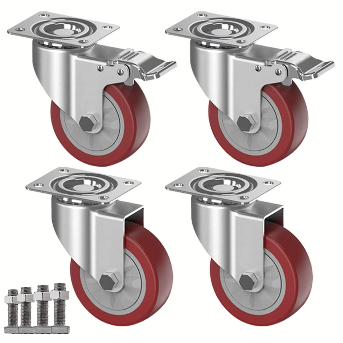 TOCYHF 4 Inch Heavy Duty Swivel Casters,Set of 4 + Screws For Trolleys,Furniture and Other Moving Tools Non-Marking Silent Casters - Load Capacity 1200 LBS (2 With Brakes & 2 Without Brakes)