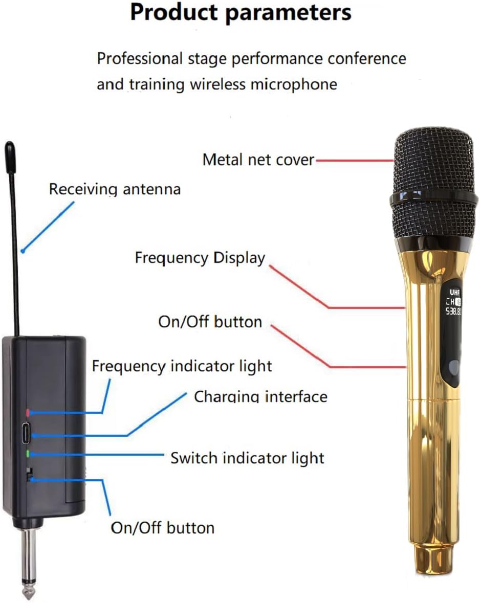 Wireless Microphone Only for Mic Input, UHF Rechargeable Handheld Multipurpose Mic,(Work 10hs) Microphones 150ft Range for Machine Amplifier Speaker Karaoke Church Speech Wedding Singing (Golden) - Image 5