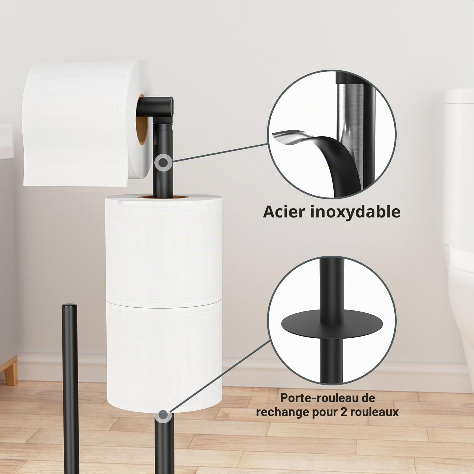 Porte Papier Toilette avec Brosse WC - Porte Rouleau Debout en Acier Inoxydable, Dérouleur Papier Aucun Perçage Requis (Noir Mat)