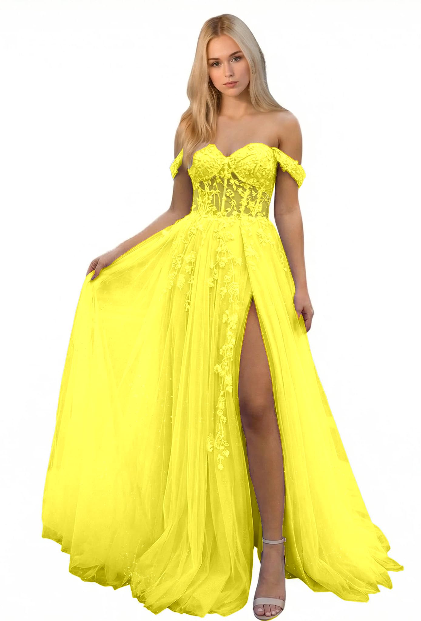 Bxqmzl Glittery Tulle Off Shoulder Prom Dresses 2026 with Slit Lace Appliques A Line Formal Evening Dresses