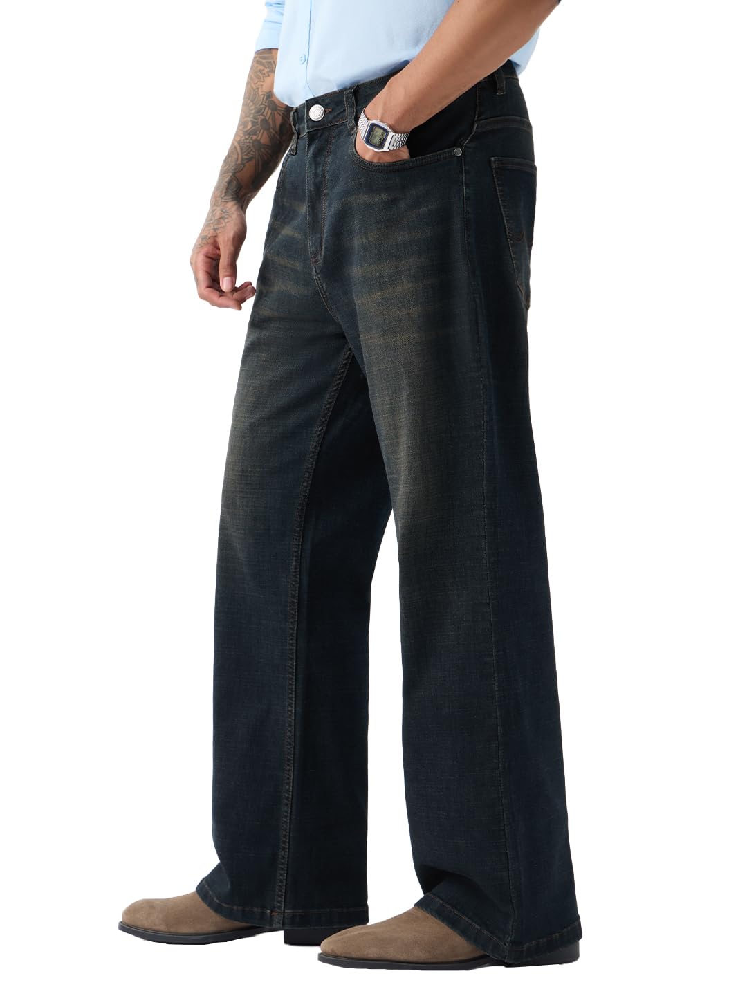 the souled store Raw Static Men and Boys Zippered Dark Blue Washed Stretch Cotton Blend Bootcut Fit Stretchable Lightweight Everyday All-Season Durable Comfortable Bootcut Denim Jeans-picture-10