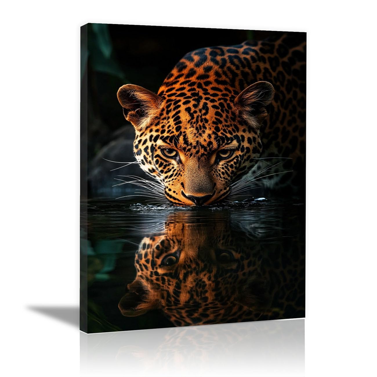 QUSAAOU Canvas Pictures Wilder Leopard pije wodę, ciemne odbicie, plakat z motywami zwierzęcymi, nadaje się do dekoracji ścian w sypialni, kuchni, biurze i łazienkach, kolor pomarańczowy, 60 x 90 cm