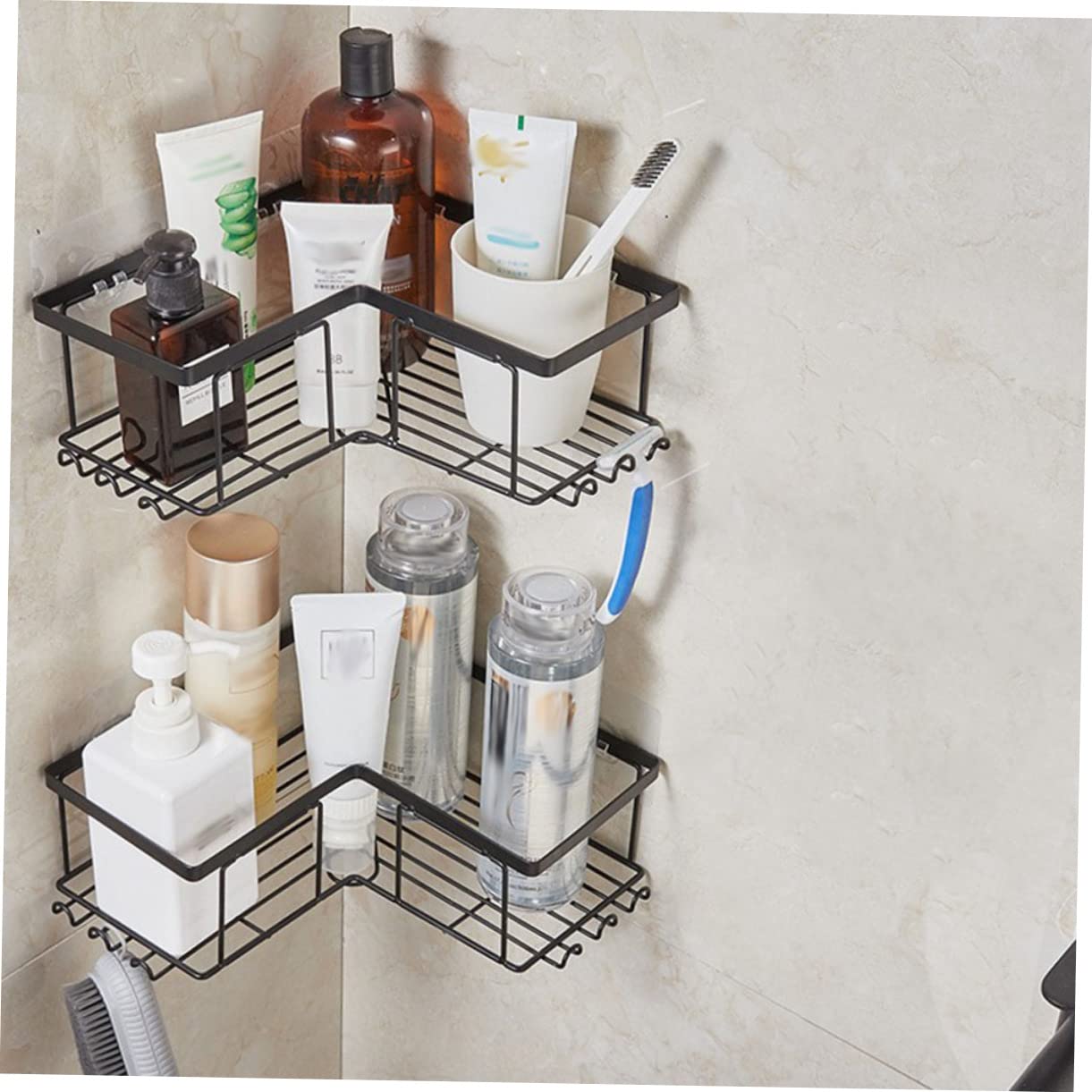 Mensola Doccia senza Foratura in Acciaio Nero 2pezzi Organizer per Bagno Angolare Adesivi Resistenti per Vasca e Parete
