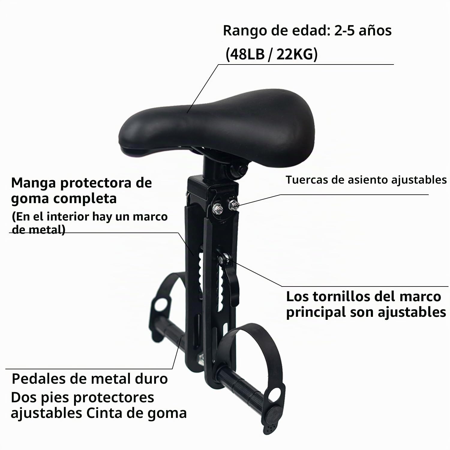 Asiento de bicicleta para niños delantero con accesorio para manillar, asiento de bicicleta para niños de 2 a 5 años, asiento de bicicleta desmontable para niños de ciclismo de montaña (hasta 48