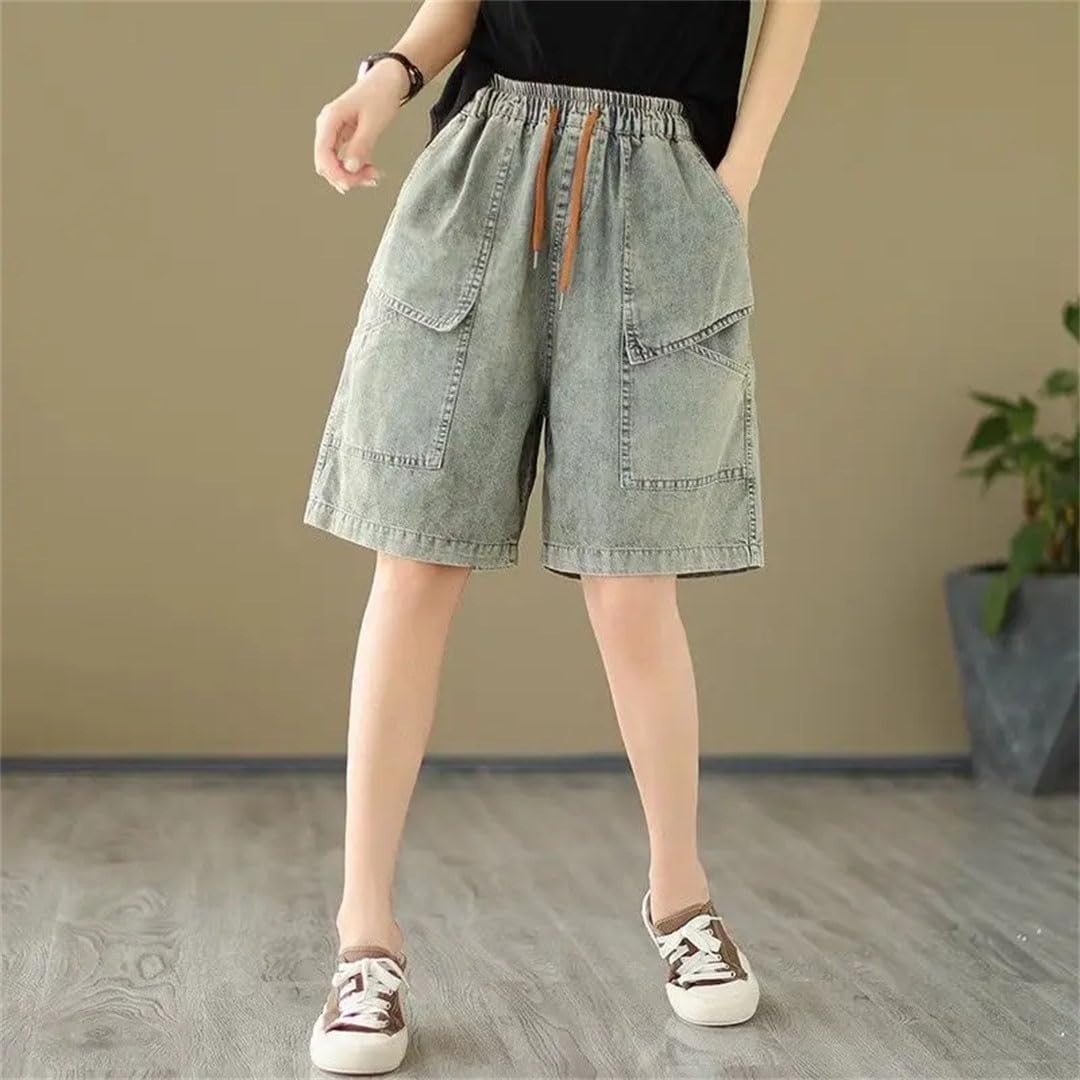 Odzież damska Elastyczny pas Cienkie Jeansy Szorty Slim All-Match High Waist Pocket Lacing Spodnie, NIEBIESKI, XL