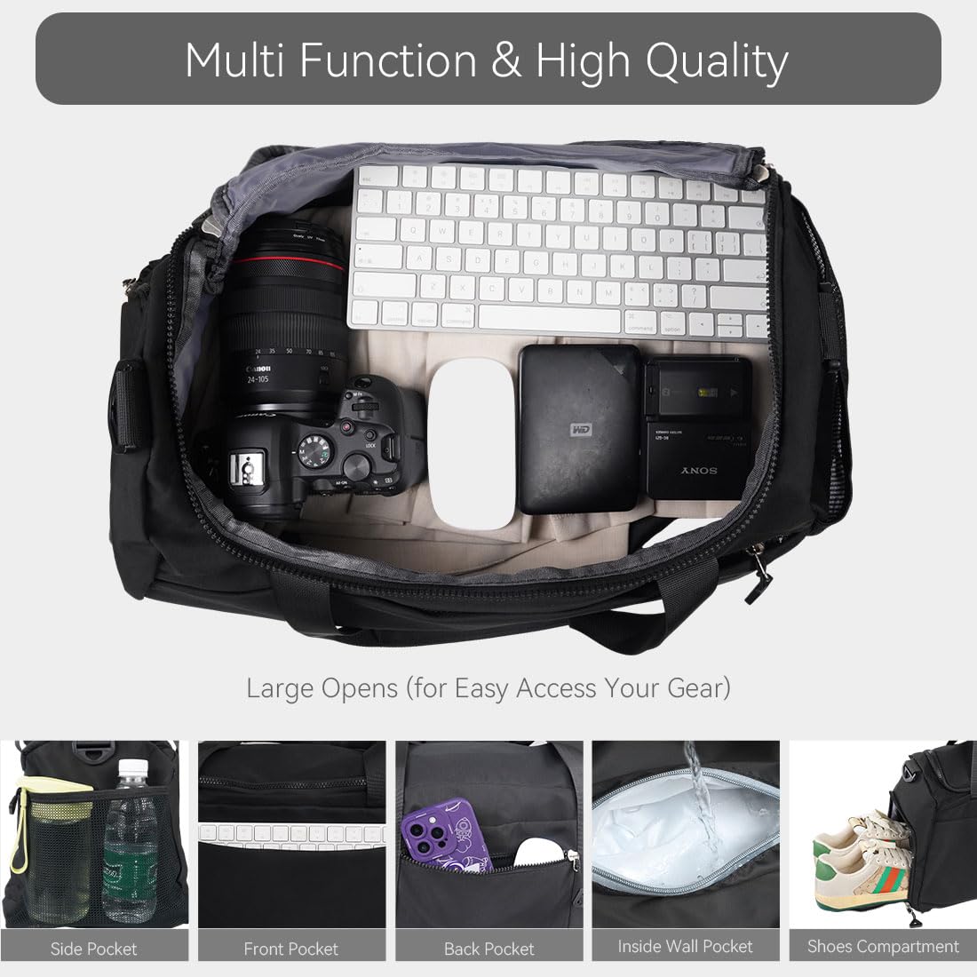 Bolsa deportiva para gimnasio con bolsillo húmedo y compartimento para zapatos, para hombres y mujeres, bolsa de viaje para avión, deporte, gimnasio, natación, yoga, color negro, 33 L, ligera