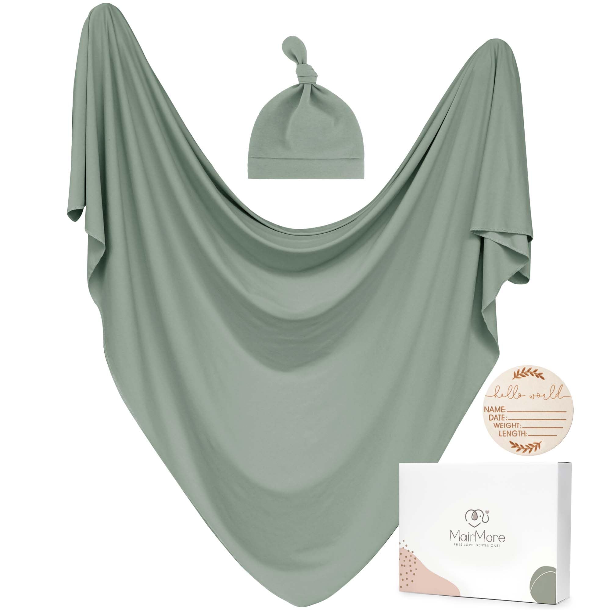 Baby Swaddle Receiving Blankets with Matching Beanie Set Newborn Nursery Swaddle Wrap for Baby Girls and Boys (Green)
