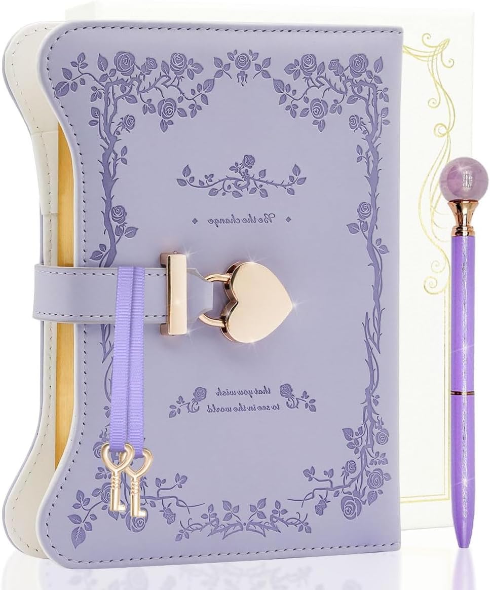 Lockable Diary Set with Crystal Pen for Girls & Women, 360 - Page Journal with Heart - Shaped Lock, Cute Lavender Purple Design, for Teen Girls Ages 8-14