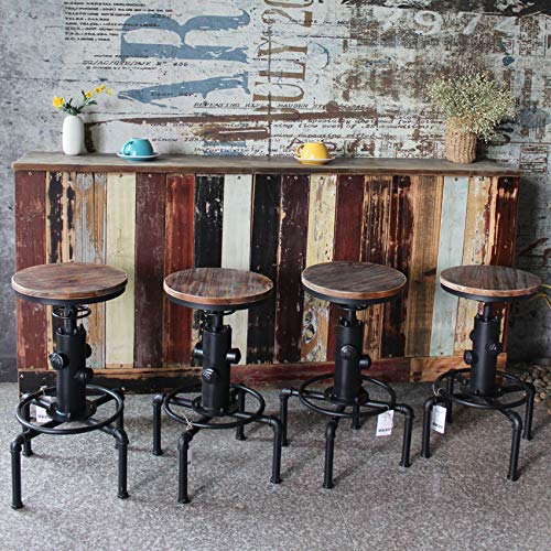Vintage Industrial Bar Stools Set, Adjustable Height Swivel Stools for Kitchen Counter or Bar, Solid Wood and Metal Design - Set of 2