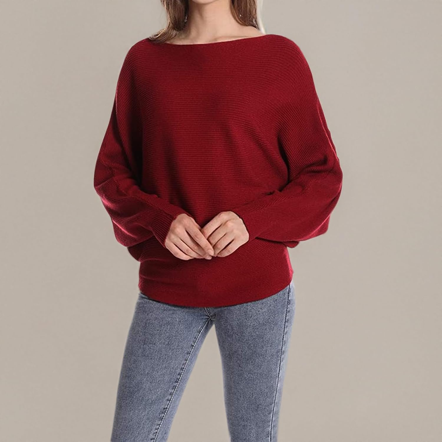 Blostirno Women's Boat Neck Batwing Sleeves Dolman Ribbed Knitted Sweaters Pullovers Tops - Image 7