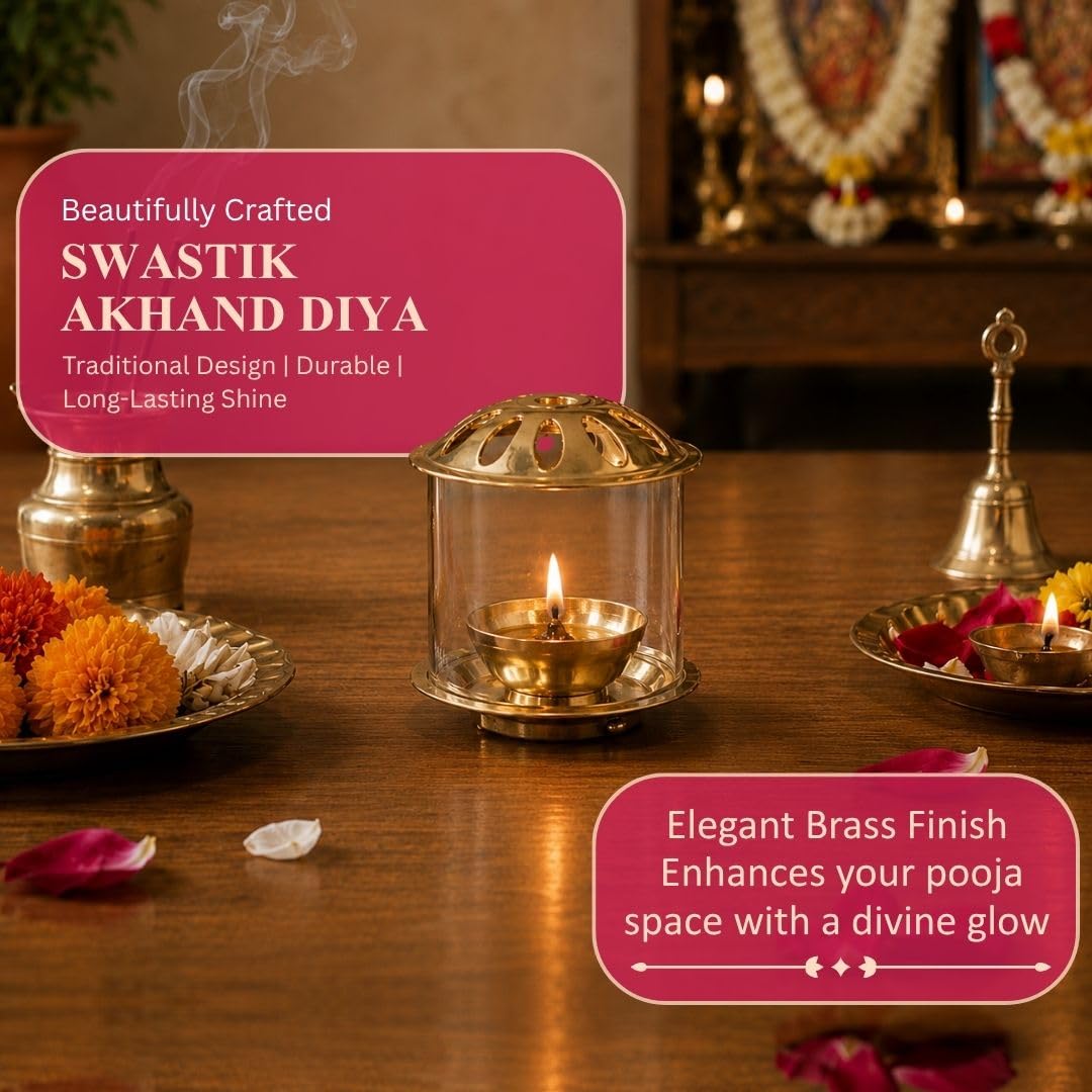 Klassic 4.5 Inch Swastik Akhand Diya with Borosilicate Glass Shade | Pure Brass Oil Lamp for Mandir, Daily Puja, Prayer Room Decor, Festive Decoration & Gifting 2