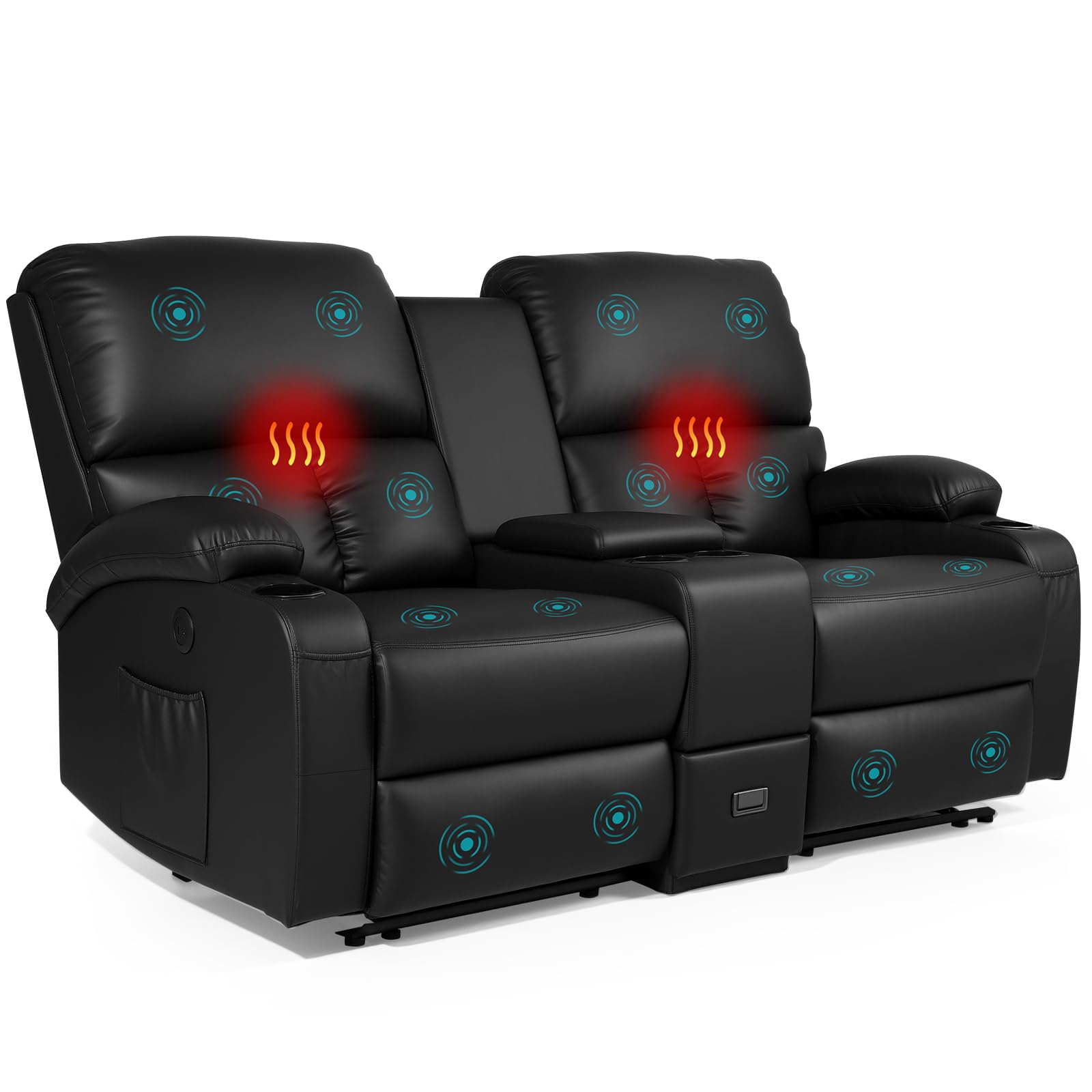 CHABATREE Home Theater Seating,RV Recliner Sofa with Massage and Heat,Manual RV Recliner Loveseat with USB/Cup Holders and Side Pocket for Living Room