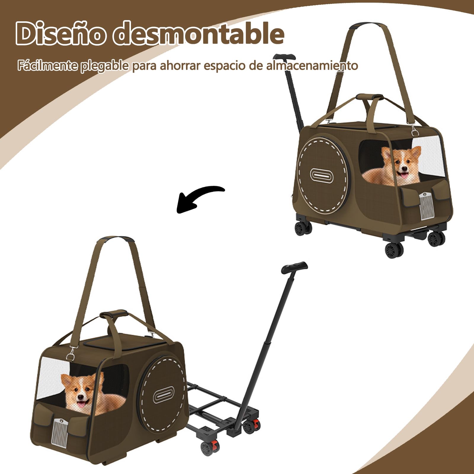 Galatée Cochecito para Mascotas, Bolsa De Viaje para Perros con Ruedas Extraíbles, Bolsa para Gatos con Ventanas De Malla, Bolsa Plegable para Perros para Viajes, Camping y Exteriores(Marrón)