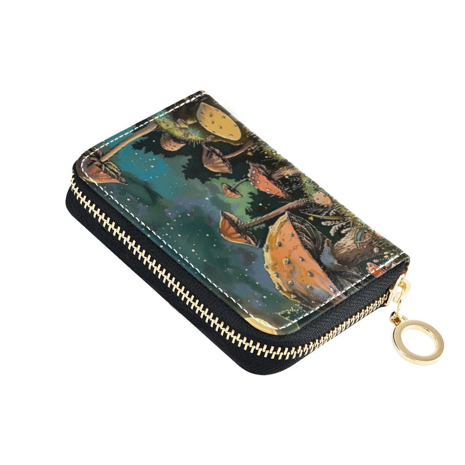 Sletend RFID Credit Card Holder Vintage Snail Mushroom Starry Night Leather With Zipper Card Case Wallet for Women Girls