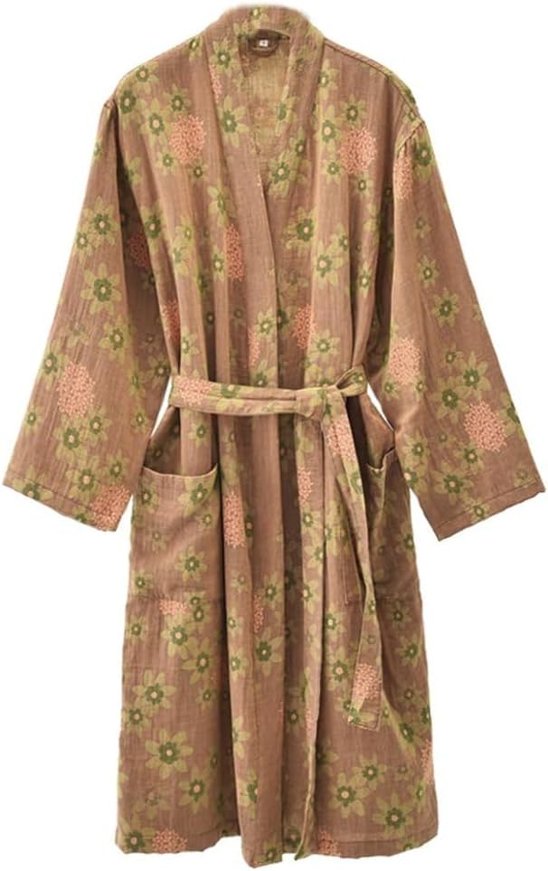Katoenen kimono-badjas voor dames, zachte midi-badjas, dubbel gaas, bedrukt, licht, sneldrogend, absorberend, voor spa, thuis, reizen, Yukata-pyjama, rood-4, één maat