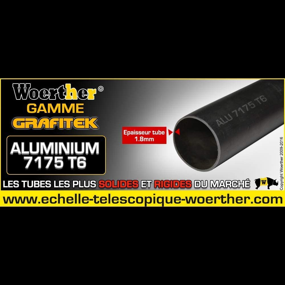 Échelle-escabeau Télescopique Woerther® – Double Fonction - Aluminium 7175T6 & Graphite - Norme EN131-6 – Ultra Stable, Légère et Compacte – Système Anti-Pincement Push & Go – Garantie 5 Ans