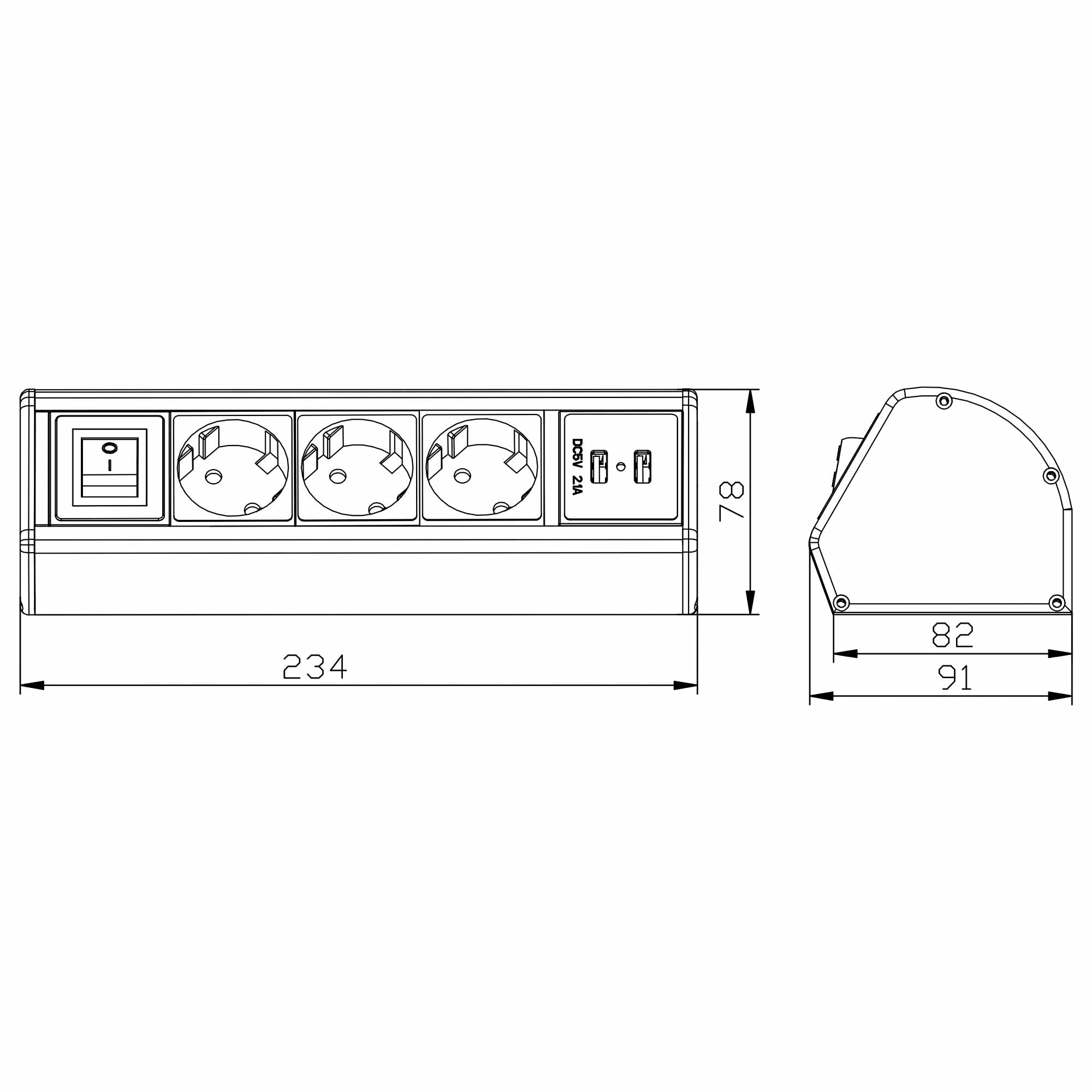 Mehrfach-Steckdose 3-fach & 2x USB mit 2M Kabel - Steckdosenleiste schaltbar als Schreib-Tischsteckdose und Steckdosenverteiler - Steckerleiste für Küche Büro Möbel mit einfacher Montage mit Schalter