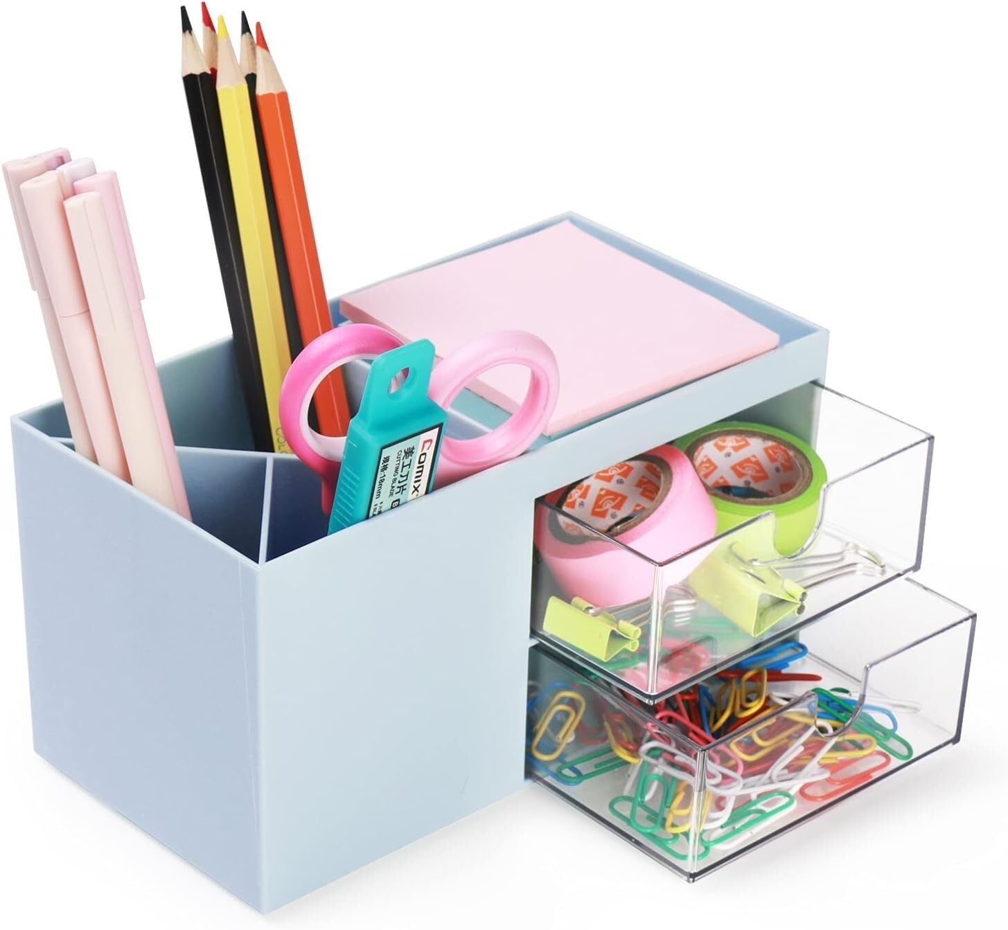 Organizer da scrivania con portapenne, portaoggetti in plastica con cassetti, organizer per trucchi per ufficio e scuola, soluzione di archiviazione da scrivania, perfetto per la gestione del