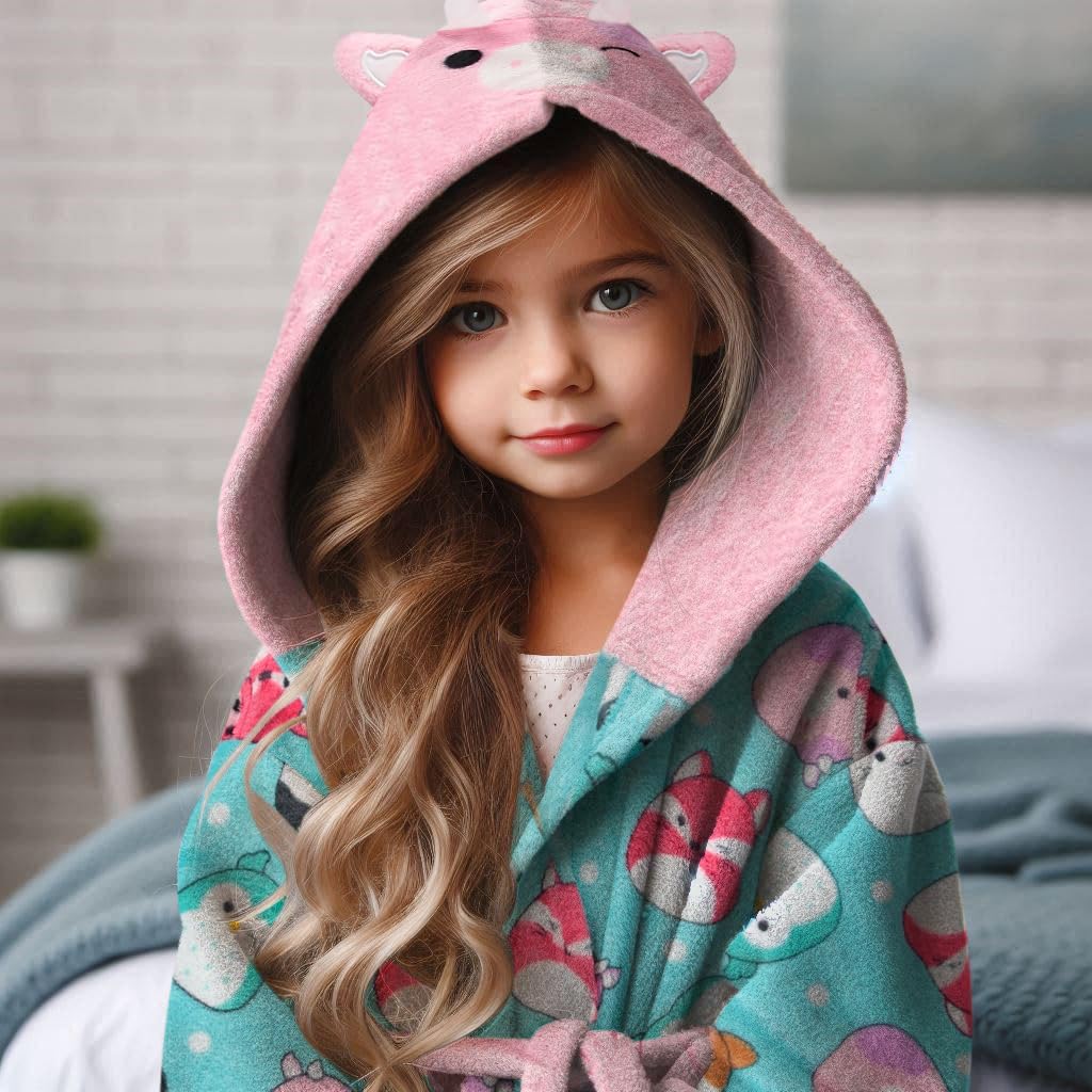 Squishmallows Girls Fleece Kids Hooded Robe - Super Soft Plush Kids Spa Bathrobe with Pockets, Sizes 6-12 - Official Product - Image 3