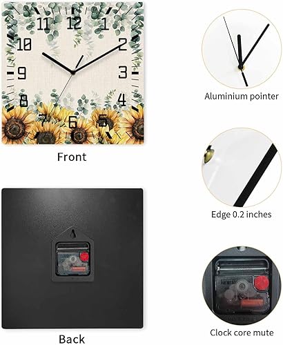 Miniatura 4 de Sunflower Eucalyptus Leaves Wooden Wall Clock Silent Non Ticking, Country Floral Botanical Linen Texture Square Wall Clock Battery Operated, Decor